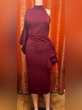 SHEIN Burgundy One Shoulder Bell Sleeve Midi Dress Size Medium